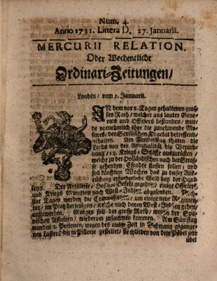 Mercurii Relation, oder wochentliche Ordinari Zeitungen von underschidlichen Orthen (Süddeutsche Presse) Samstag 27. Januar 1731