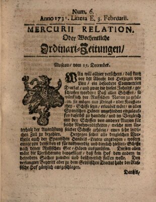 Mercurii Relation, oder wochentliche Ordinari Zeitungen von underschidlichen Orthen (Süddeutsche Presse) Samstag 3. Februar 1731