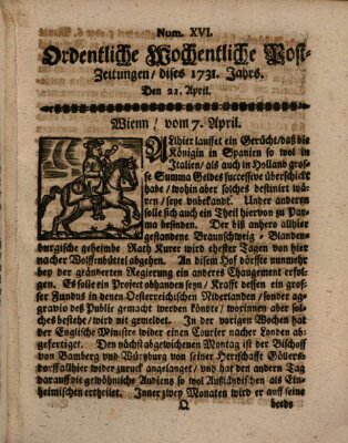 Ordentliche wochentliche Post-Zeitungen Samstag 21. April 1731