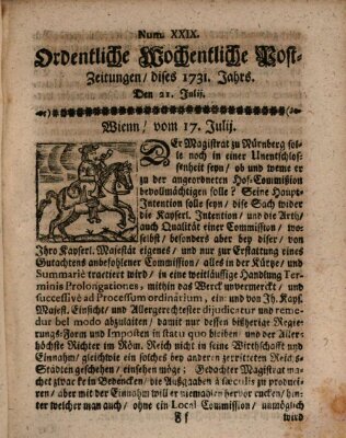 Ordentliche wochentliche Post-Zeitungen Samstag 21. Juli 1731