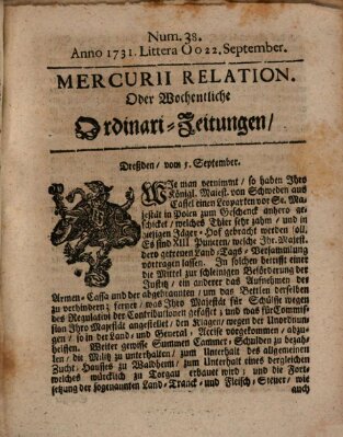 Mercurii Relation, oder wochentliche Ordinari Zeitungen von underschidlichen Orthen (Süddeutsche Presse) Samstag 22. September 1731