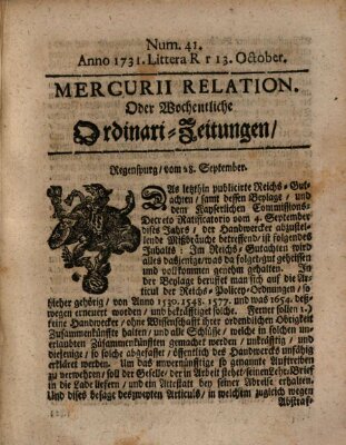 Mercurii Relation, oder wochentliche Ordinari Zeitungen von underschidlichen Orthen (Süddeutsche Presse) Samstag 13. Oktober 1731