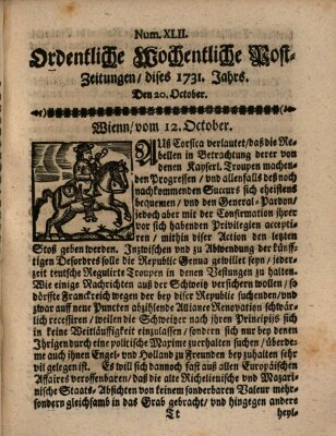 Ordentliche wochentliche Post-Zeitungen Samstag 20. Oktober 1731