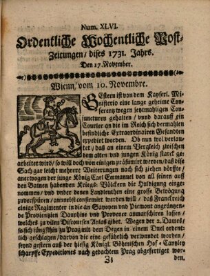 Ordentliche wochentliche Post-Zeitungen Samstag 17. November 1731