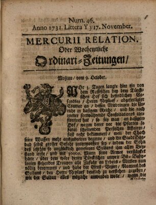 Mercurii Relation, oder wochentliche Ordinari Zeitungen von underschidlichen Orthen (Süddeutsche Presse) Samstag 17. November 1731