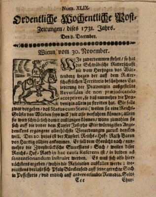 Ordentliche wochentliche Post-Zeitungen Samstag 8. Dezember 1731