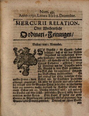 Mercurii Relation, oder wochentliche Ordinari Zeitungen von underschidlichen Orthen (Süddeutsche Presse) Samstag 8. Dezember 1731