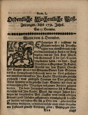 Ordentliche wochentliche Post-Zeitungen Samstag 15. Dezember 1731