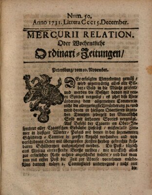 Mercurii Relation, oder wochentliche Ordinari Zeitungen von underschidlichen Orthen (Süddeutsche Presse) Samstag 15. Dezember 1731