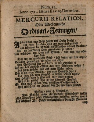 Mercurii Relation, oder wochentliche Ordinari Zeitungen von underschidlichen Orthen (Süddeutsche Presse) Samstag 29. Dezember 1731