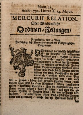 Mercurii Relation, oder wochentliche Ordinari Zeitungen von underschidlichen Orthen (Süddeutsche Presse) Samstag 24. Mai 1732