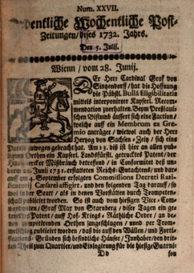 Ordentliche wochentliche Post-Zeitungen Samstag 5. Juli 1732