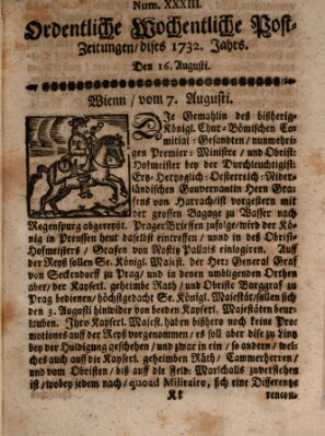 Ordentliche wochentliche Post-Zeitungen Samstag 16. August 1732