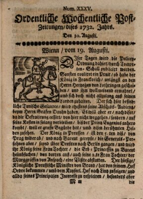 Ordentliche wochentliche Post-Zeitungen Samstag 30. August 1732