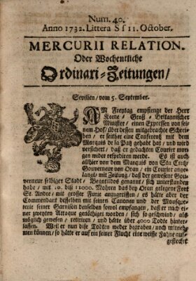 Mercurii Relation, oder wochentliche Ordinari Zeitungen von underschidlichen Orthen (Süddeutsche Presse) Samstag 11. Oktober 1732