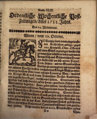 Ordentliche wochentliche Post-Zeitungen Samstag 24. Oktober 1733