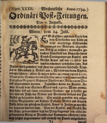 Wochentliche Ordinari Post-Zeitungen (Ordentliche wochentliche Post-Zeitungen) Samstag 7. August 1734