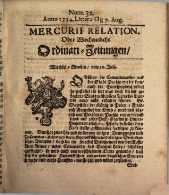 Mercurii Relation, oder wochentliche Ordinari Zeitungen von underschidlichen Orthen (Süddeutsche Presse) Samstag 7. August 1734