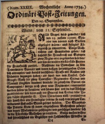 Wochentliche Ordinari Post-Zeitungen (Ordentliche wochentliche Post-Zeitungen) Samstag 25. September 1734