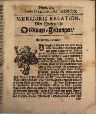 Mercurii Relation, oder wochentliche Ordinari Zeitungen von underschidlichen Orthen (Süddeutsche Presse) Samstag 16. Oktober 1734