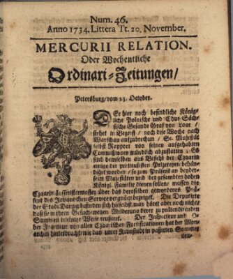 Mercurii Relation, oder wochentliche Ordinari Zeitungen von underschidlichen Orthen (Süddeutsche Presse) Samstag 20. November 1734