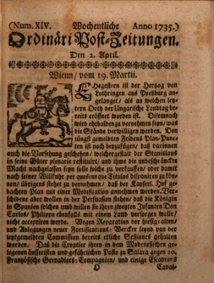 Wochentliche Ordinari Post-Zeitungen (Ordentliche wochentliche Post-Zeitungen) Samstag 2. April 1735