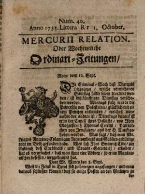 Mercurii Relation, oder wochentliche Ordinari Zeitungen von underschidlichen Orthen (Süddeutsche Presse) Samstag 1. Oktober 1735