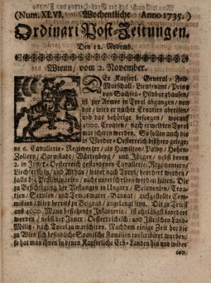 Wochentliche Ordinari Post-Zeitungen (Ordentliche wochentliche Post-Zeitungen) Samstag 12. November 1735