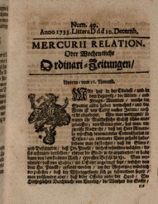 Mercurii Relation, oder wochentliche Ordinari Zeitungen von underschidlichen Orthen (Süddeutsche Presse) Samstag 10. Dezember 1735