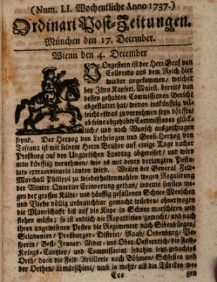 Wochentliche Ordinari Post-Zeitungen (Ordentliche wochentliche Post-Zeitungen) Dienstag 17. Dezember 1737