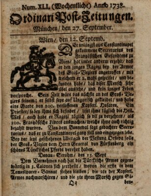 Wochentliche Ordinari Post-Zeitungen (Ordentliche wochentliche Post-Zeitungen) Samstag 27. September 1738