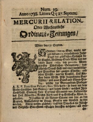 Mercurii Relation, oder wochentliche Ordinari Zeitungen von underschidlichen Orthen (Süddeutsche Presse) Samstag 27. September 1738