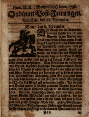 Wochentliche Ordinari Post-Zeitungen (Ordentliche wochentliche Post-Zeitungen) Samstag 22. November 1738