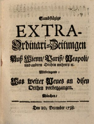 Mercurii Relation, oder wochentliche Ordinari Zeitungen von underschidlichen Orthen (Süddeutsche Presse) Samstag 20. Dezember 1738