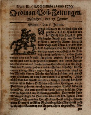 Wochentliche Ordinari Post-Zeitungen (Ordentliche wochentliche Post-Zeitungen) Samstag 17. Januar 1739