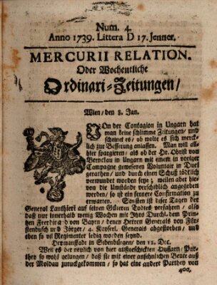 Mercurii Relation, oder wochentliche Ordinari Zeitungen von underschidlichen Orthen (Süddeutsche Presse) Samstag 24. Januar 1739