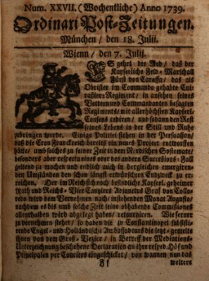 Wochentliche Ordinari Post-Zeitungen (Ordentliche wochentliche Post-Zeitungen) Samstag 18. Juli 1739