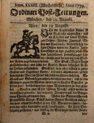 Wochentliche Ordinari Post-Zeitungen (Ordentliche wochentliche Post-Zeitungen) Samstag 29. August 1739