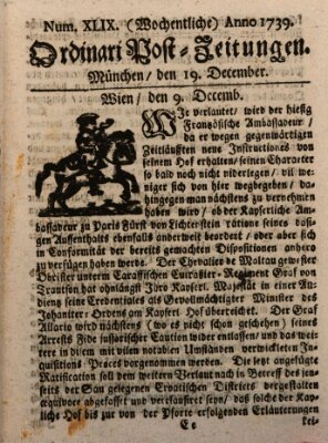 Wochentliche Ordinari Post-Zeitungen (Ordentliche wochentliche Post-Zeitungen) Samstag 19. Dezember 1739