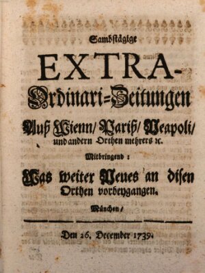 Mercurii Relation, oder wochentliche Ordinari Zeitungen von underschidlichen Orthen (Süddeutsche Presse) Samstag 26. Dezember 1739