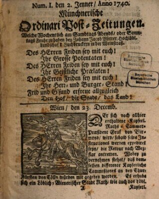 Münchnerische Ordinari Post-Zeitungen (Ordentliche wochentliche Post-Zeitungen) Samstag 2. Januar 1740