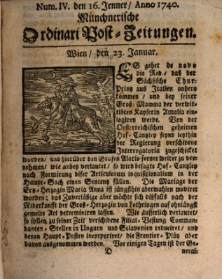 Münchnerische Ordinari Post-Zeitungen (Ordentliche wochentliche Post-Zeitungen) Samstag 23. Januar 1740