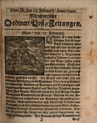 Münchnerische Ordinari Post-Zeitungen (Ordentliche wochentliche Post-Zeitungen) Samstag 27. Februar 1740