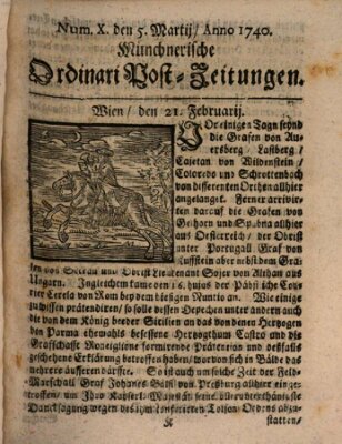 Münchnerische Ordinari Post-Zeitungen (Ordentliche wochentliche Post-Zeitungen) Samstag 5. März 1740