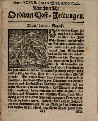 Münchnerische Ordinari Post-Zeitungen (Ordentliche wochentliche Post-Zeitungen) Samstag 10. September 1740