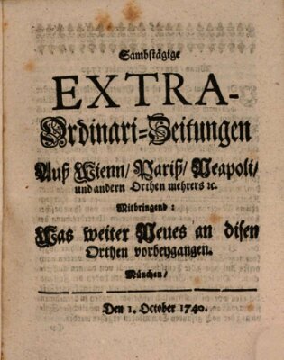 Mercurii Relation, oder wochentliche Ordinari Zeitungen von underschidlichen Orthen (Süddeutsche Presse) Samstag 1. Oktober 1740