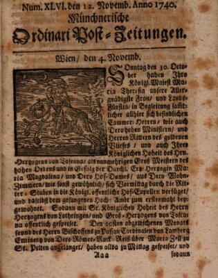 Münchnerische Ordinari Post-Zeitungen (Ordentliche wochentliche Post-Zeitungen) Samstag 12. November 1740