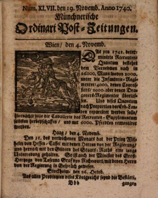 Münchnerische Ordinari Post-Zeitungen (Ordentliche wochentliche Post-Zeitungen) Samstag 19. November 1740