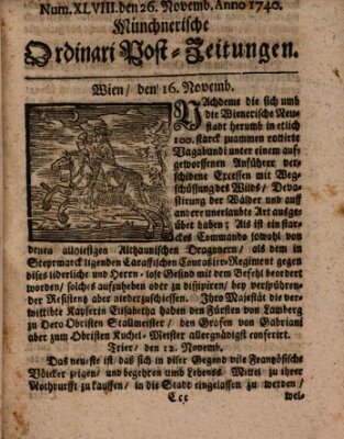 Münchnerische Ordinari Post-Zeitungen (Ordentliche wochentliche Post-Zeitungen) Samstag 26. November 1740