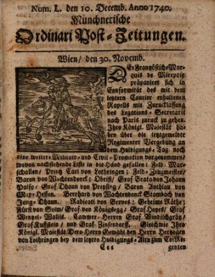 Münchnerische Ordinari Post-Zeitungen (Ordentliche wochentliche Post-Zeitungen) Samstag 10. Dezember 1740